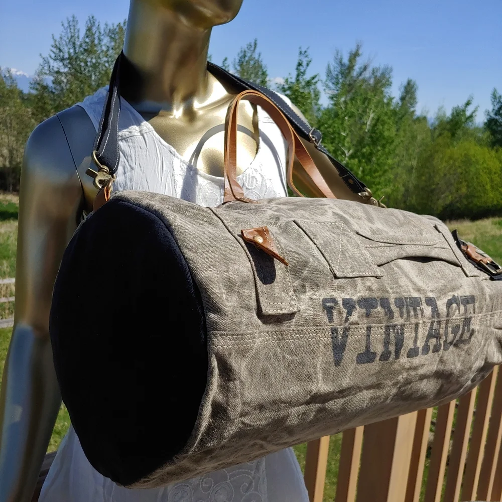 Vintage Canvas Duffel Bag with Leather Accents - Gray